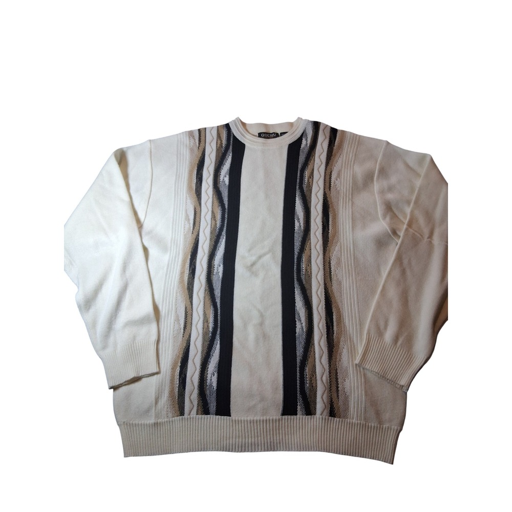 Gochu Sweater Mens XL Coogi style Cream Abstract Vertical Stripe Acrylic Knit